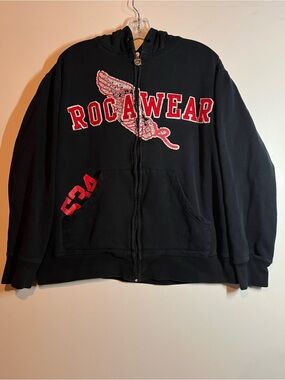 Y2K Rocawear 534 Embroidered Black Zip-Up Red Spellout Hoodie